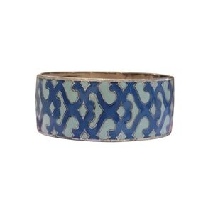 Lucky Brand Wide Bangle Bracelet Blue Aqua Silver Tone Moroccan Pattern Enamel